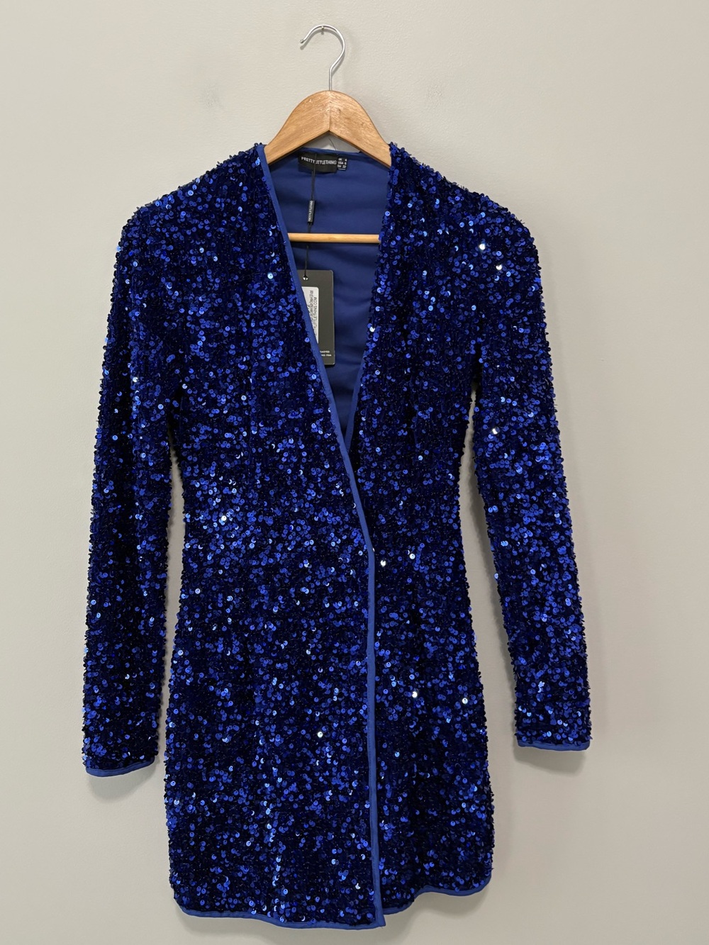 Glam Date Night Blue Velvet Sequin Long Sleeve Blazer Wrap Mini Dress